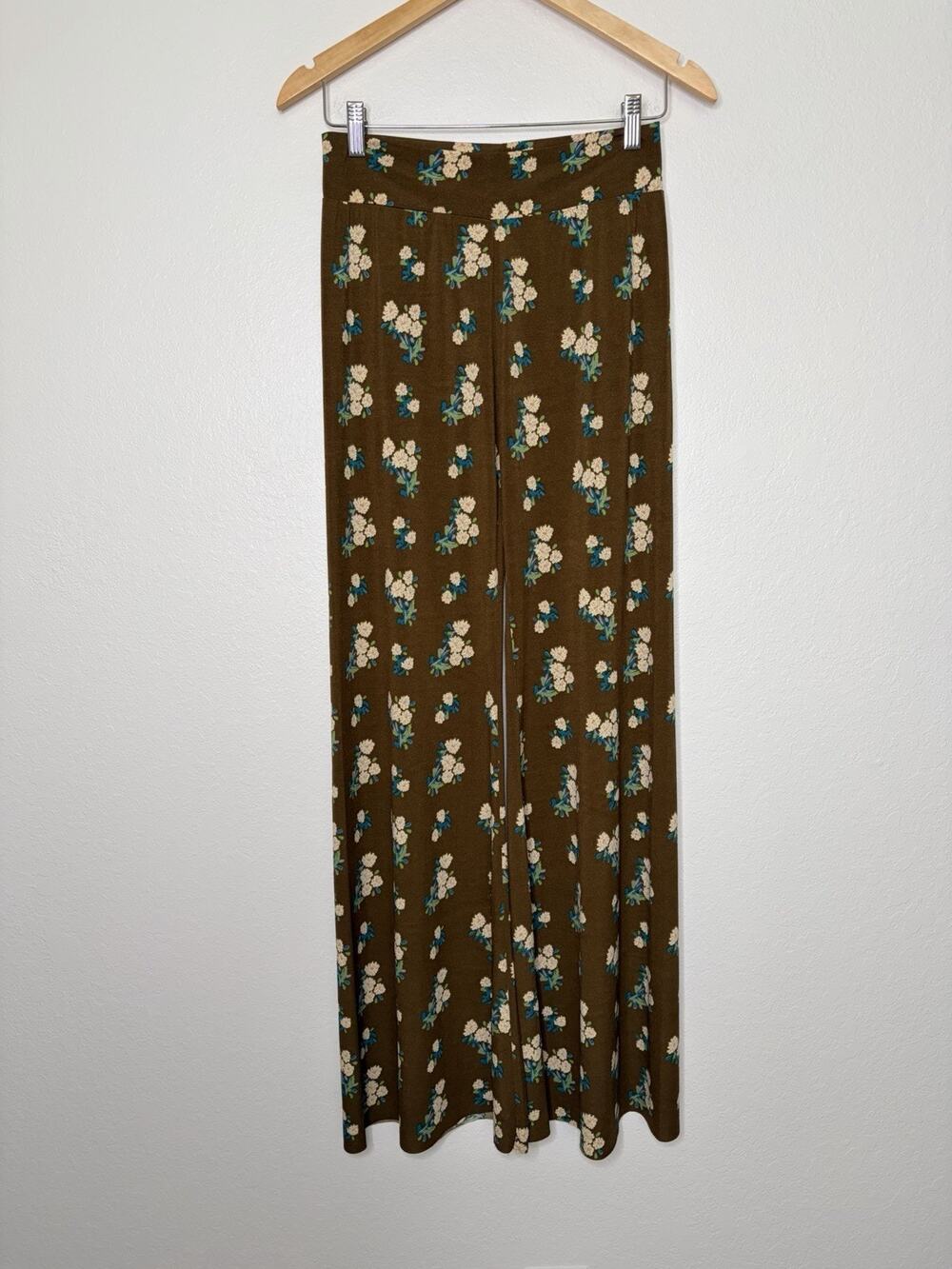 Natural Life Olive Brown Floral Wide Leg Pants Size Medium Boho Chic, 70s Retro